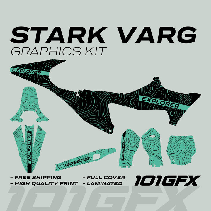 Stark Varg Graphics Kit EXPLORER BLACK MINT Decals Stickers displayed as individual vehicle decals, featuring a contour-line pattern, EXPLORER text, and slogans like Never Stop Exploring.