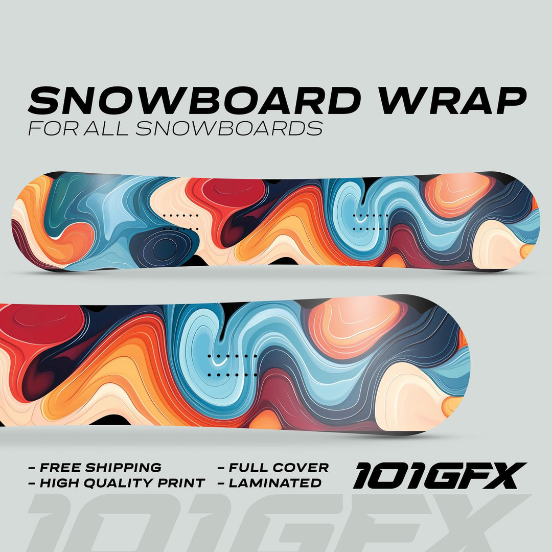 Snowboard Wrap FLOW decals on two boards with multicolored contour design; features include free shipping, full coverage, high-quality laminated print. 101GFX logo visible.