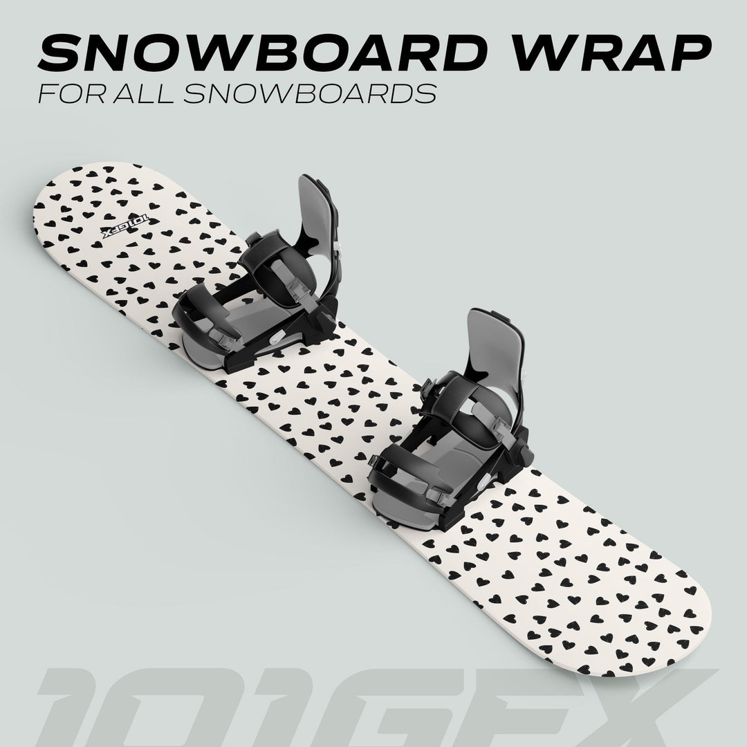 Snowboard Wrap HEARTS Snowboard Sticker Skin Decals with black bindings and black heart designs on a white background, enhancing style and protection.
