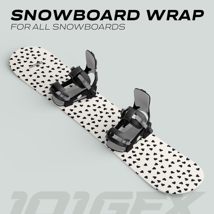 Snowboard Wrap HEARTS Snowboard Sticker Skin Decals with black bindings and black heart designs on a white background, enhancing style and protection.