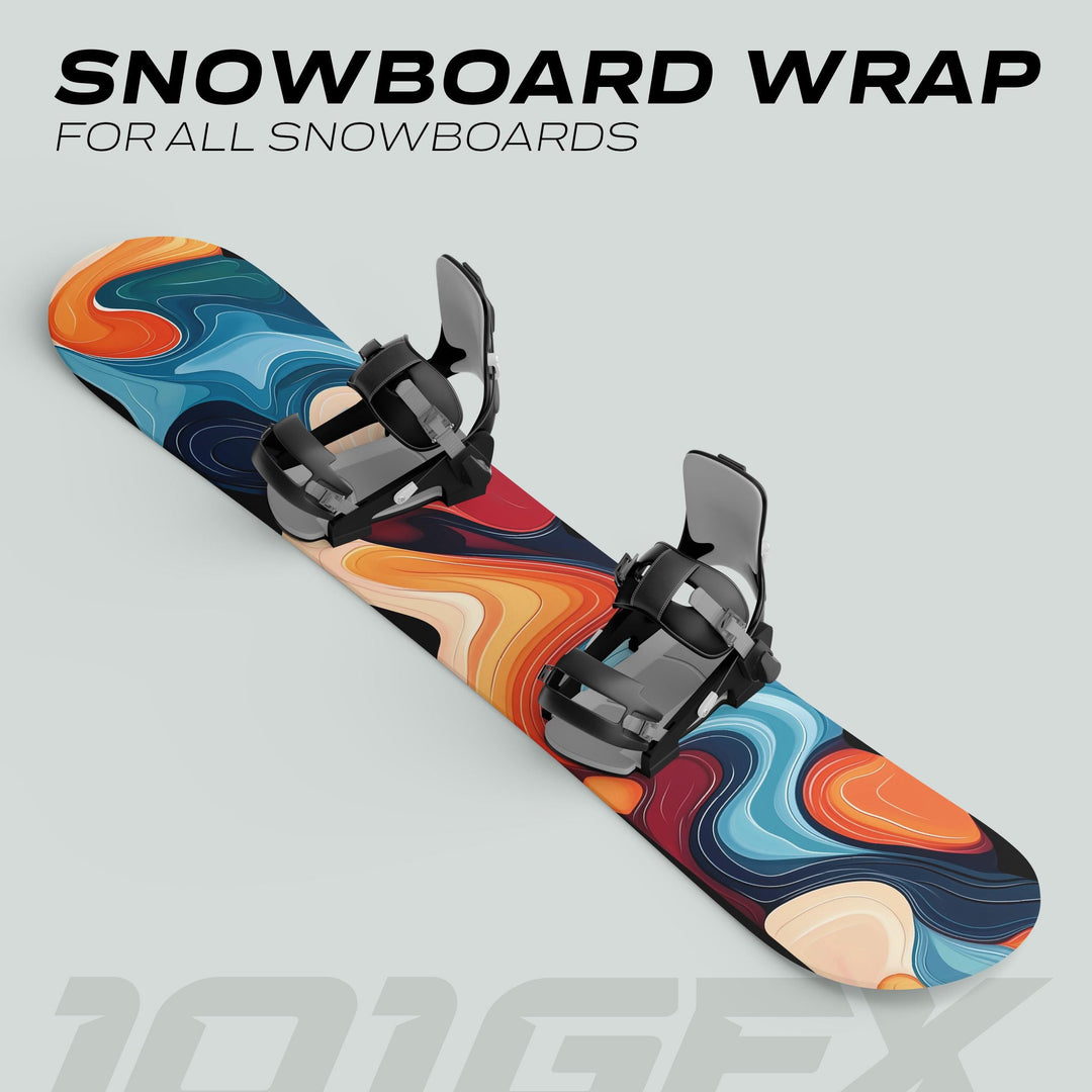 Snowboard with bindings featuring a multicolored abstract pattern, showcasing the Snowboard Wrap FLOW sticker skin decals for enhanced style and protection.