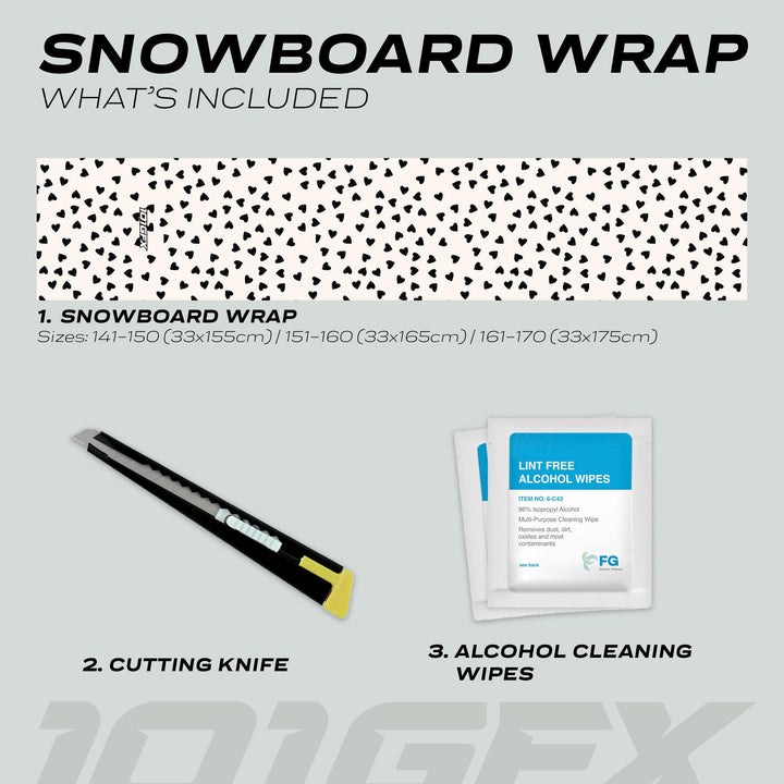 Snowboard Wrap HEARTS Snowboard Sticker Skin Decals, includes vinyl wrap with black-heart pattern, cutting knife, and cleaning wipes for personalized, protective snowboard styling.