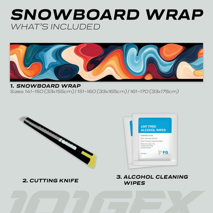 Snowboard Wrap FLOW kit includes a colorful snowboard wrap in three sizes, a cutting knife, and cleaning wipes for easy, stylish customization and protection.