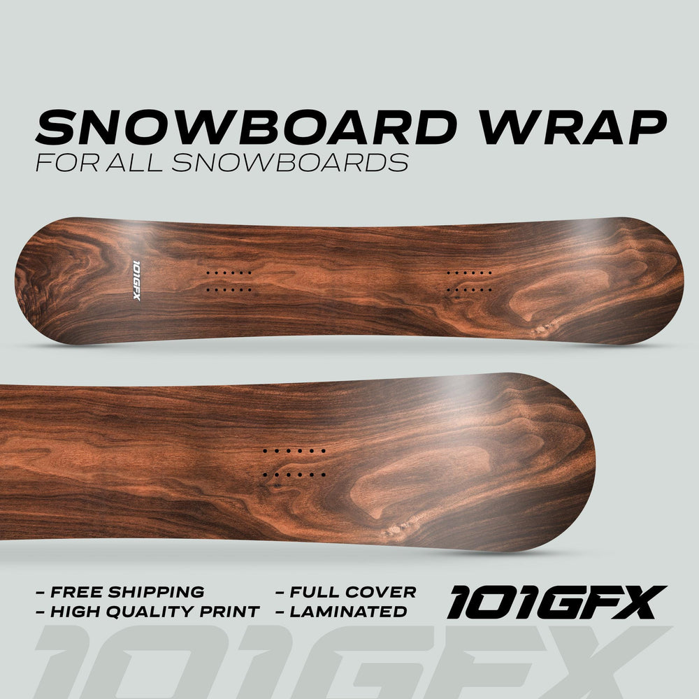 Two snowboards featuring Snowboard Wrap WOOD PLANK design, showcasing wood-grain prints. Text highlights benefits: free shipping, high-quality print, full cover, laminated by 101GFX.