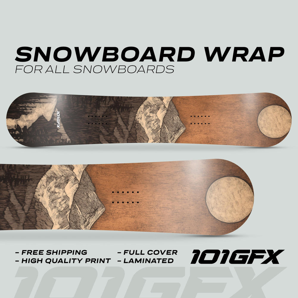 Snowboard Wrap WOODCUT MOONLIGHT: promotional image showing wood-grain and mountain-sketch snowboard decals featuring key benefits like full coverage, high-quality print, and easy application.