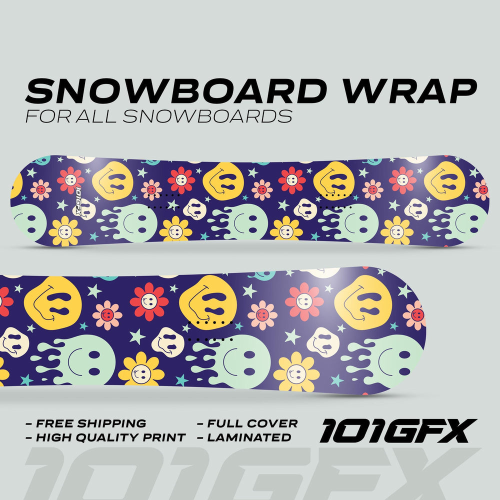 Snowboard Wrap SMILEY decals with playful smiley faces, floral patterns, and stars on snowboards; includes features like full cover and laminated finish.