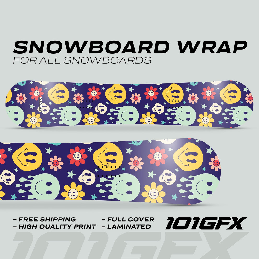 Snowboard Wrap SMILEY decals with playful smiley faces, floral patterns, and stars on snowboards; includes features like full cover and laminated finish.