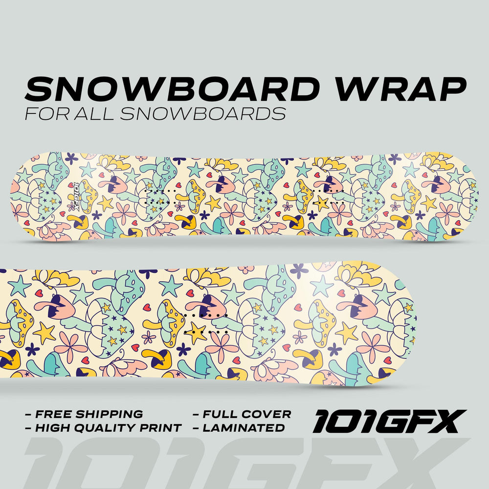 Snowboard wrapped in MAGIC MUSHROOMS design featuring pastel mushrooms, flowers, stars, and hearts; highlights include full coverage, free shipping, and quality lamination from 101GFX.