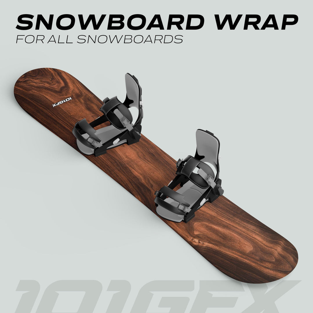 Snowboard Wrap WOOD PLANK sticker skin decals on snowboard, showing a rich wood-grain design, highlighting easy application and protection against scratches.