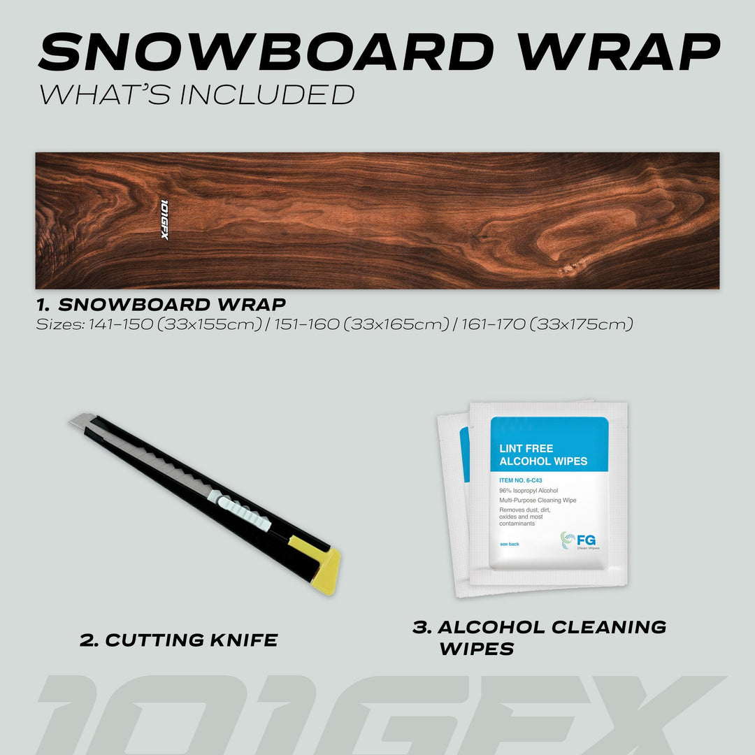 Snowboard Wrap WOOD PLANK decals: includes wood-grain wrap in three sizes, cutting knife, and cleaning wipes for custom snowboard protection and style.