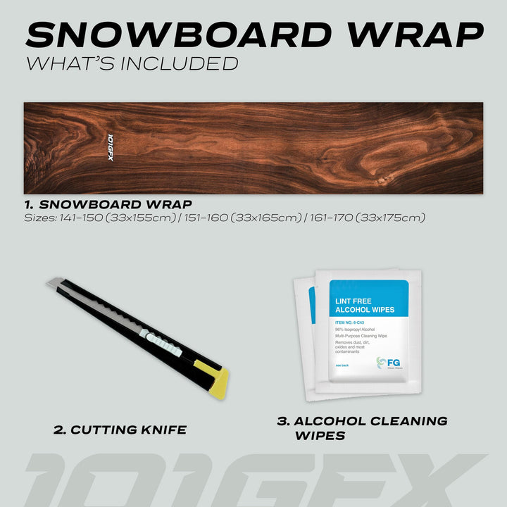 Snowboard Wrap WOOD PLANK decals: includes wood-grain wrap in three sizes, cutting knife, and cleaning wipes for custom snowboard protection and style.