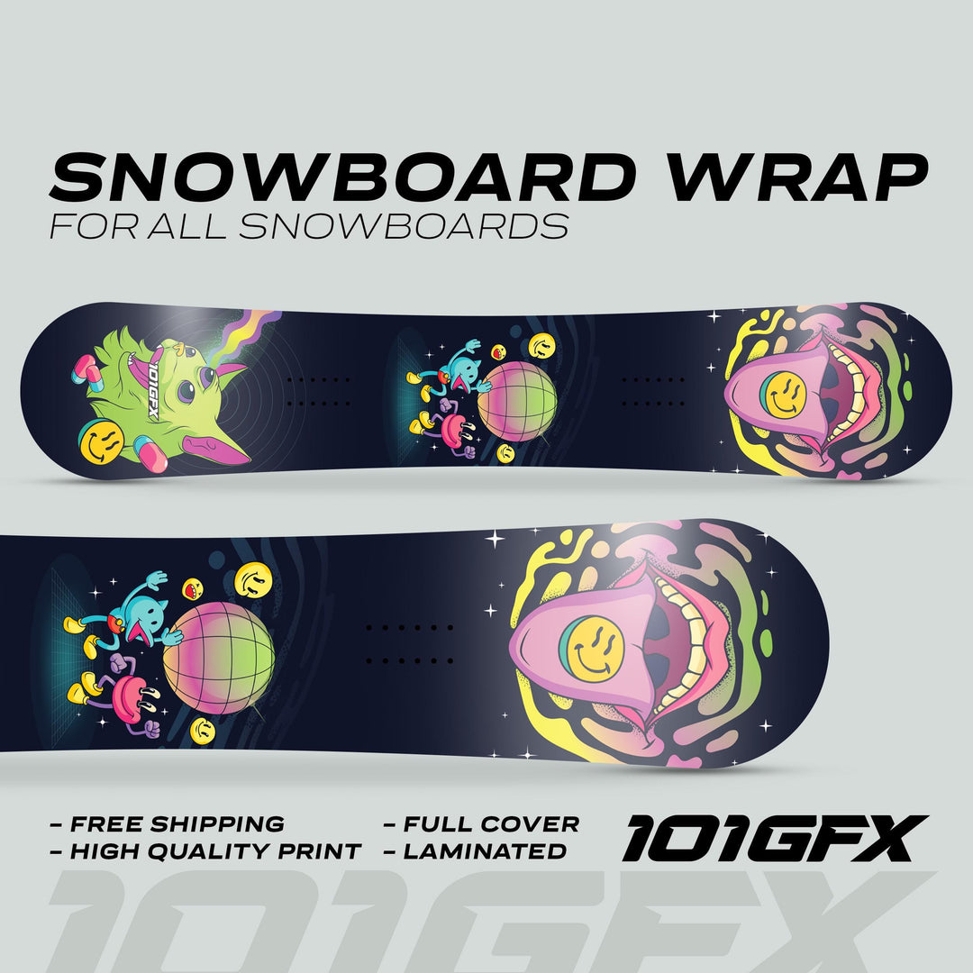Snowboard Wrap ACID featuring vibrant, cartoon-style designs with alien creatures and smiley motifs, enhancing aesthetics and protection for a standout snowboarding experience.