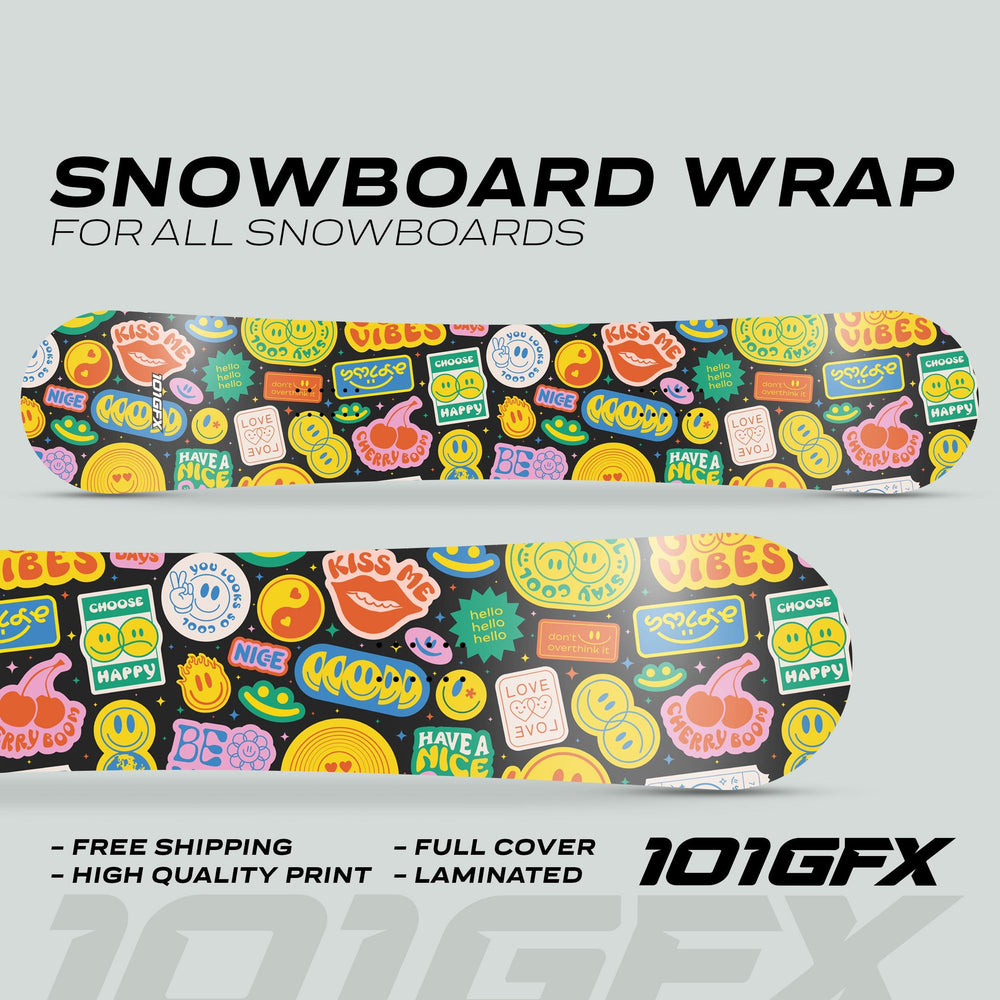 Two snowboards with vibrant GOOD VIBES sticker bomb wraps featuring playful motifs, promoting full-cover, high-quality, laminated designs from 101GFX, suitable for all snowboards.