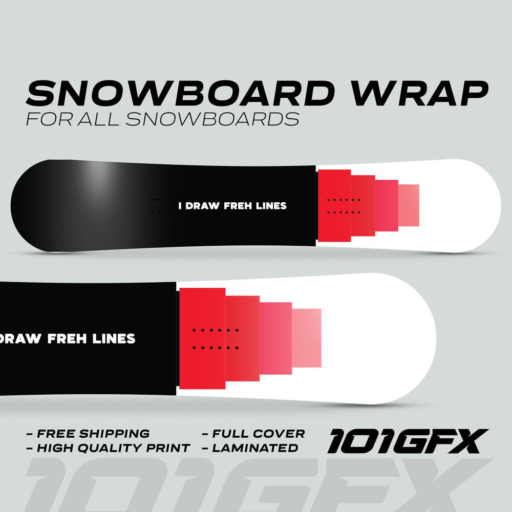 Snowboard Wrap MARKER decals displayed with silhouettes, showcasing black-white scheme with red gradient blocks; highlights include free shipping, high-quality print, full cover, laminated finish.