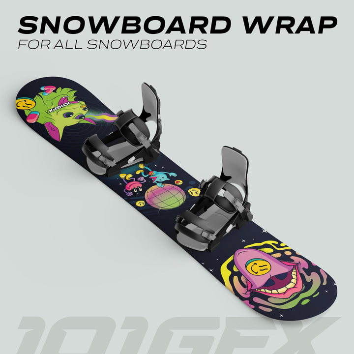 Snowboard Wrap ACID: A vibrant snowboard sticker skin featuring a neon-pop scene with playful alien designs, enhancing both style and board protection.