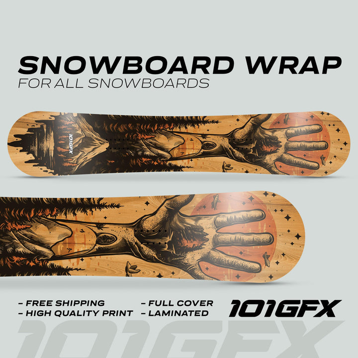 Snowboard Wrap HELLO MOUNTAINS featuring wood-grain graphics with hand, tree-line, setting sun/mountain scene; includes benefits: free shipping, high-quality print, full cover, laminated. 