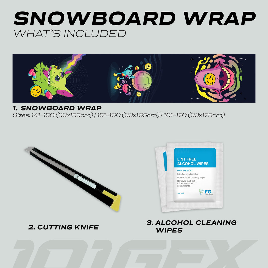 Snowboard Wrap ACID kit includes vinyl panels, snap-off knife, and cleaning wipes for easy, protective, and stylish board customization.
