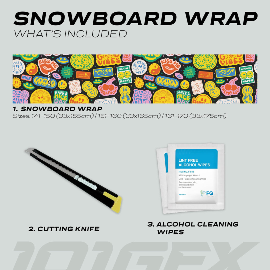 GOOD VIBES Snowboard Wrap kit includes a vibrant snowboard wrap in three sizes, a utility knife, and lint-free alcohol wipes for easy application.