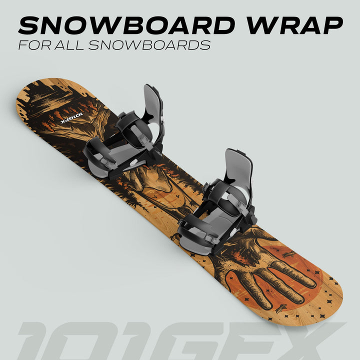 Snowboard Wrap HELLO MOUNTAINS, features a hand, pine trees, celestial elements on wood-grain. Includes black bindings, headline above: SNOWBOARD WRAP FOR ALL SNOWBOARDS.