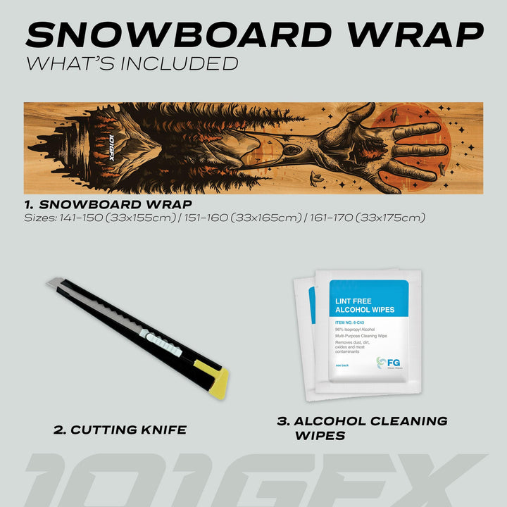 Snowboard Wrap HELLO MOUNTAINS kit includes size-specific wrap, cutting knife, and cleaning wipes for easy application and style enhancement.