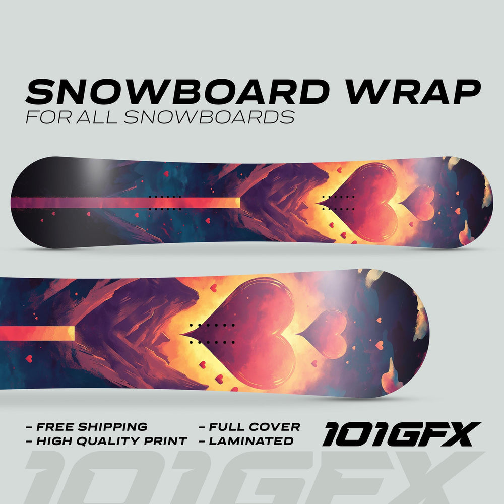 MOUNTAIN LOVE Snowboard Wrap featuring heart designs and mountain silhouettes. Includes selling points: free shipping, high quality print, full cover, laminated. Brand: 101GFX.