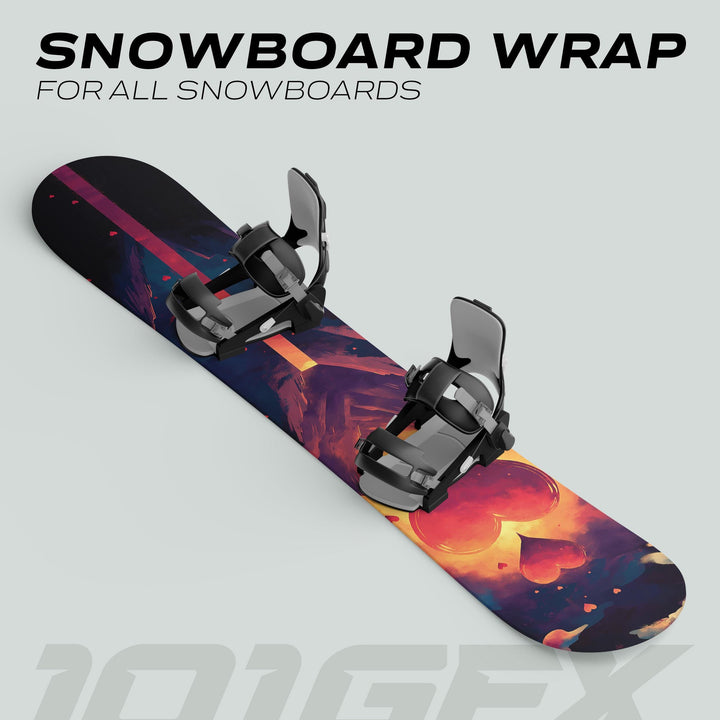 Snowboard with black bindings featuring MOUNTAIN LOVE wrap, bold abstract hearts, purple, red, and orange splashes; text reads SNOWBOARD WRAP FOR ALL SNOWBOARDS.