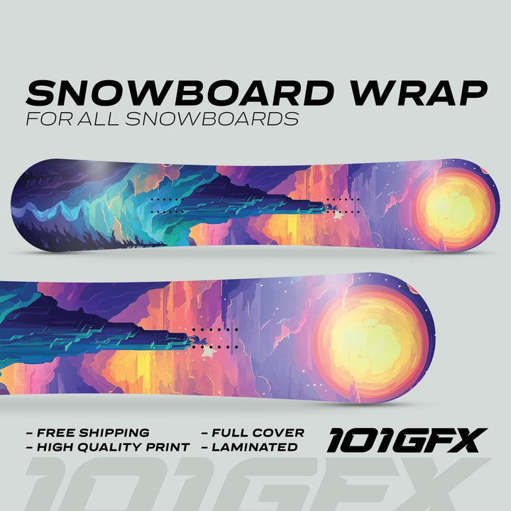 Snowboard Wrap PARADISE: A vibrant, full-coverage snowboard wrap featuring abstract landscapes and a glowing sun, offering style and protection for all snowboards.