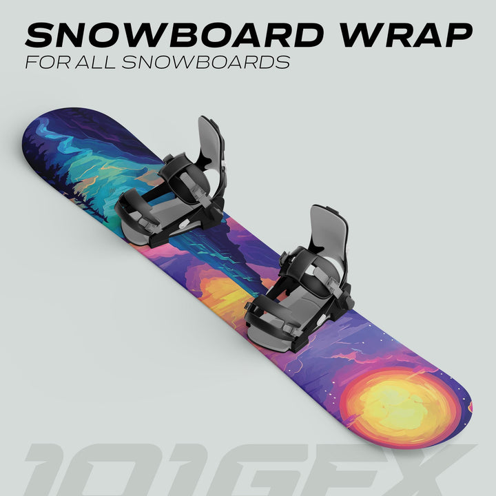 Snowboard Wrap PARADISE features vibrant mountain-forest art, enhancing aesthetics and protection with custom-fit, durable vinyl. Perfect for snowboard personalization.