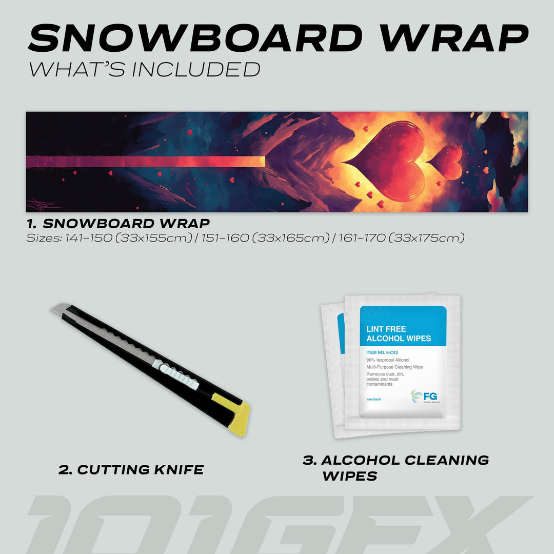 Snowboard Wrap MOUNTAIN LOVE sticker skin includes a vinyl wrap, cutting knife, and cleaning wipes, designed for custom fit and style on various board sizes.