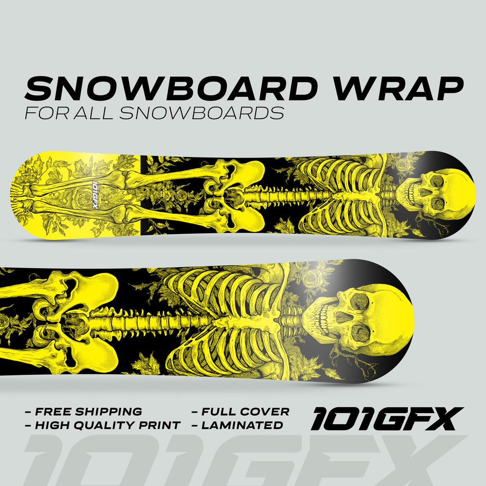 Snowboard Wrap RIDER FOREVER YELLOW featuring a yellow skeleton design on a black background with floral accents, promoting durability, full coverage, and easy application.