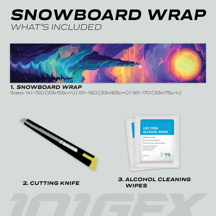 Snowboard Wrap PARADISE kit with colorful aurora design, includes full-board vinyl, retractable cutting knife, and alcohol wipes for easy application and protection.