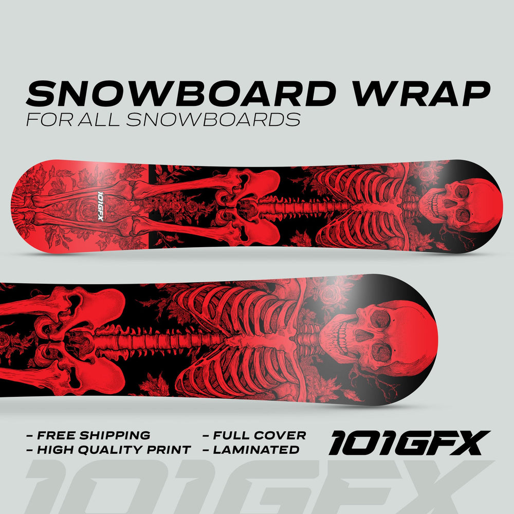 Snowboard Wrap RIDER FOREVER RED featuring a red skeleton illustration on black, displayed on two boards. Highlights: Free Shipping, High Quality Print, Full Cover, Laminated.