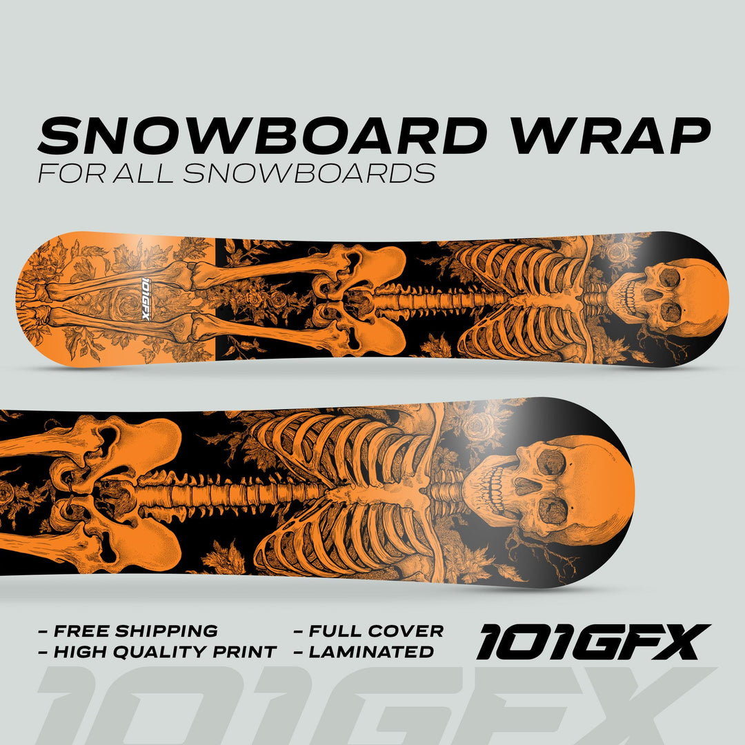 Snowboard Wrap RIDER FOREVER ORANGE features bold skeleton graphics on a floral backdrop, emphasizing style and protection for any snowboard.