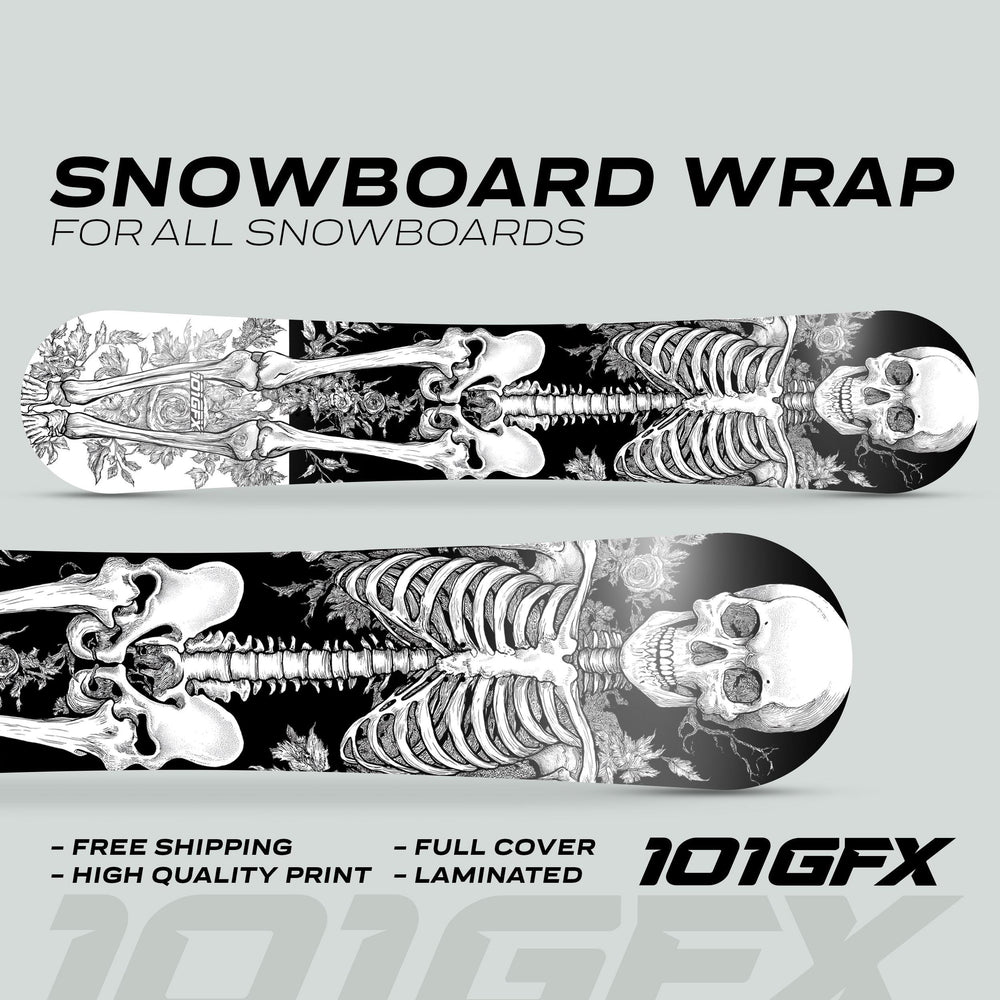 Snowboard Wrap RIDER FOREVER WHITE sticker skin decals showing a skeleton among leaves, highlighting features like full cover, laminated, and high-quality print.
