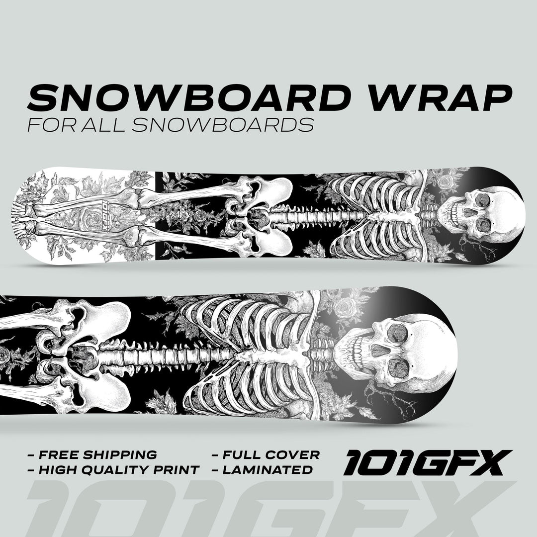 Snowboard Wrap RIDER FOREVER WHITE sticker skin decals showing a skeleton among leaves, highlighting features like full cover, laminated, and high-quality print.