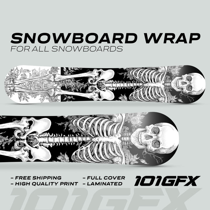 Snowboard Wrap RIDER FOREVER WHITE sticker skin decals showing a skeleton among leaves, highlighting features like full cover, laminated, and high-quality print.