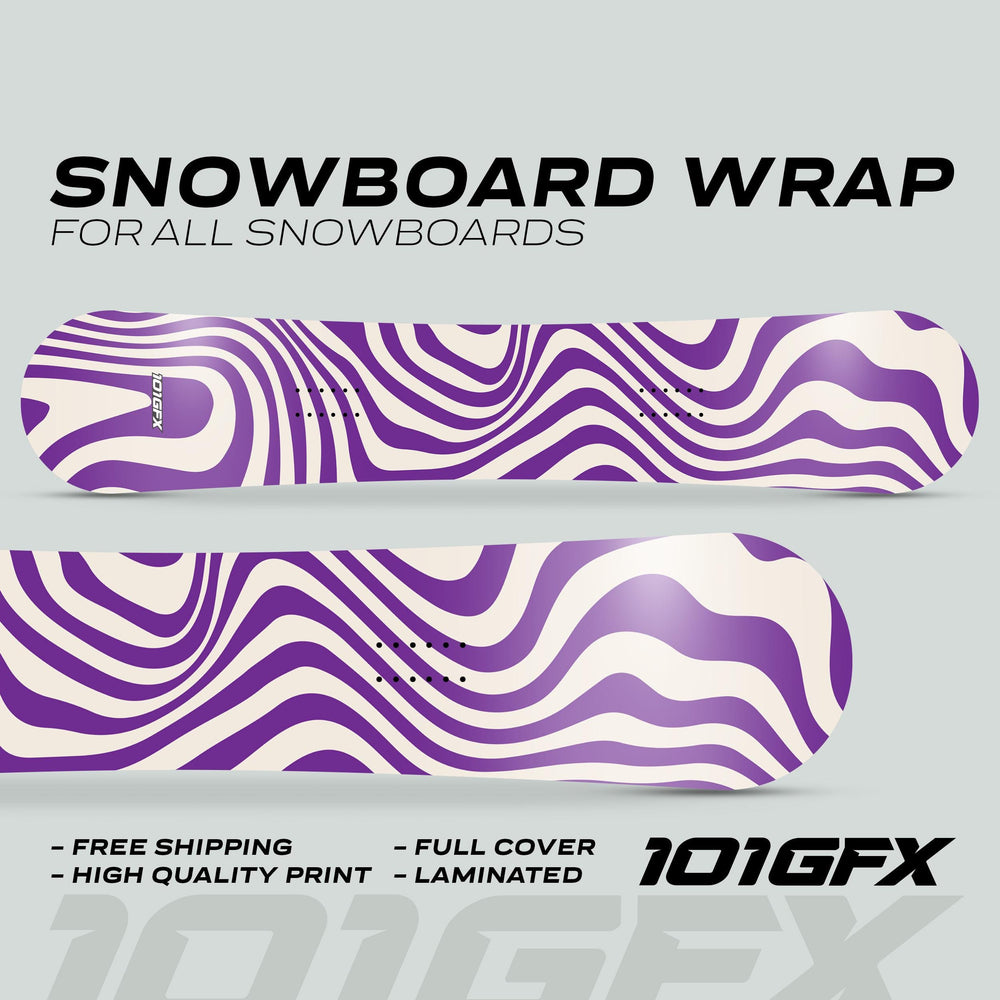 Snowboard Wrap WAVY WHITE PURPLE, showcasing two snowboards with a cream-and-purple wavy pattern. Highlights: Free Shipping, High Quality Print, Full Cover, Laminated.