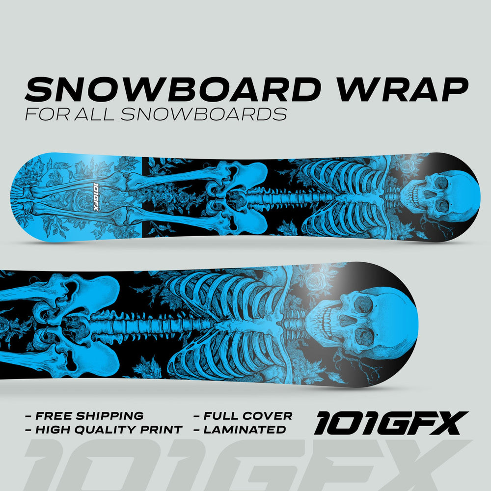 Snowboard Wrap RIDER FOREVER CYAN features a blue-on-black skeletal design with floral accents, promoting its fit for all snowboards, free shipping, and high-quality print.