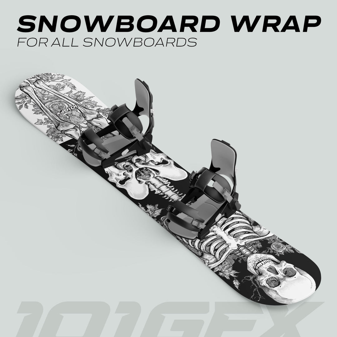 Snowboard with attached bindings, featuring the Snowboard Wrap RIDER FOREVER WHITE decal, showcasing a skeleton and floral design for style and protection.