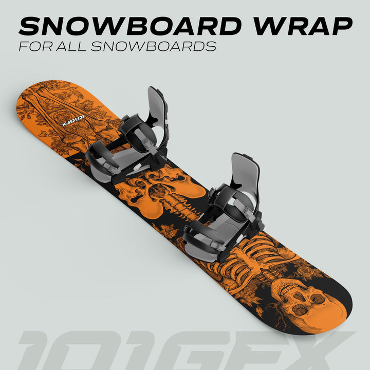 Snowboard Wrap RIDER FOREVER ORANGE featuring detailed skeleton design, showcasing customizable snowboard skin with bindings.