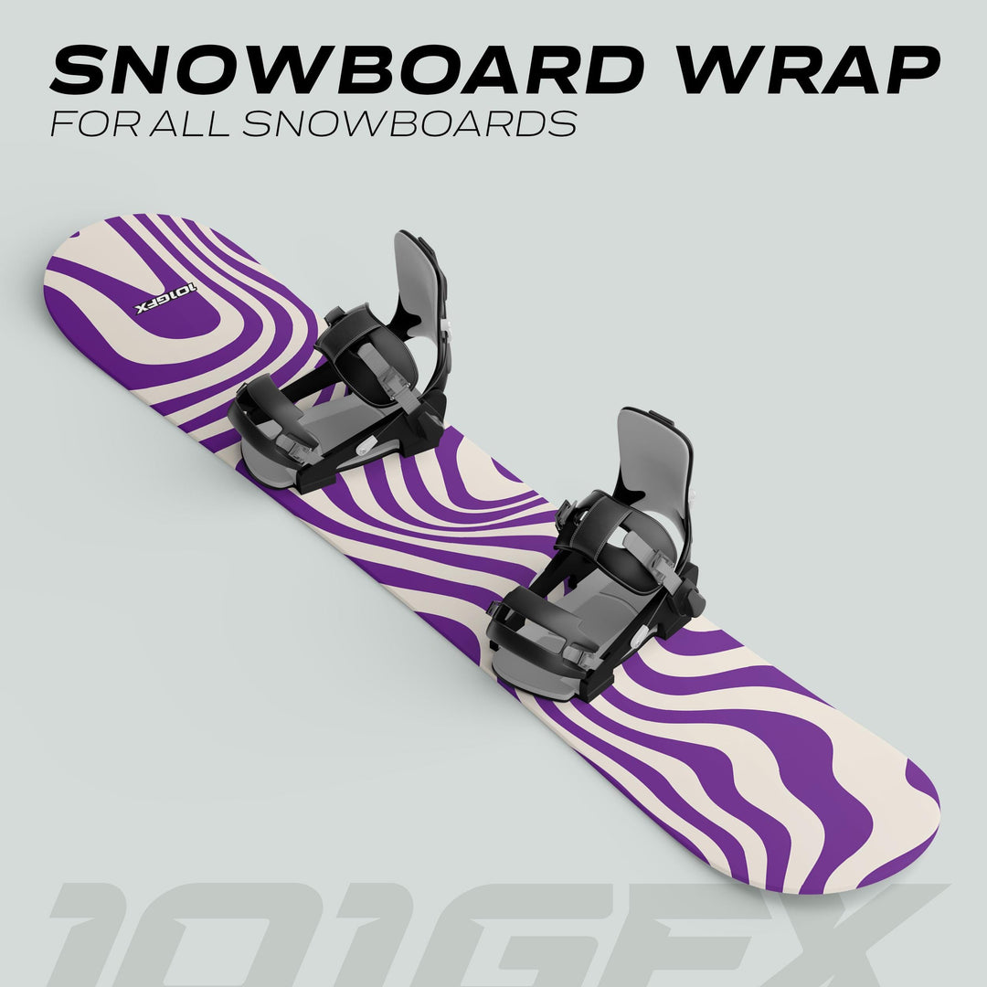 Snowboard Wrap WAVY WHITE PURPLE on a board with bindings, showcasing a wavy purple and off-white design for style and protection.