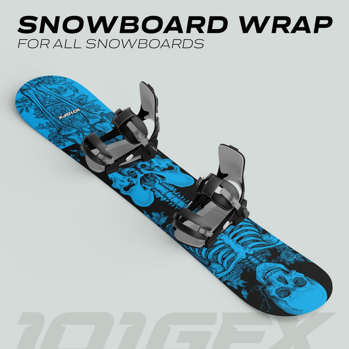 Snowboard with RIDER FOREVER CYAN wrap, showcasing a skeleton graphic in black and blue. Includes black and gray strap-in bindings, ideal for customization and protection.