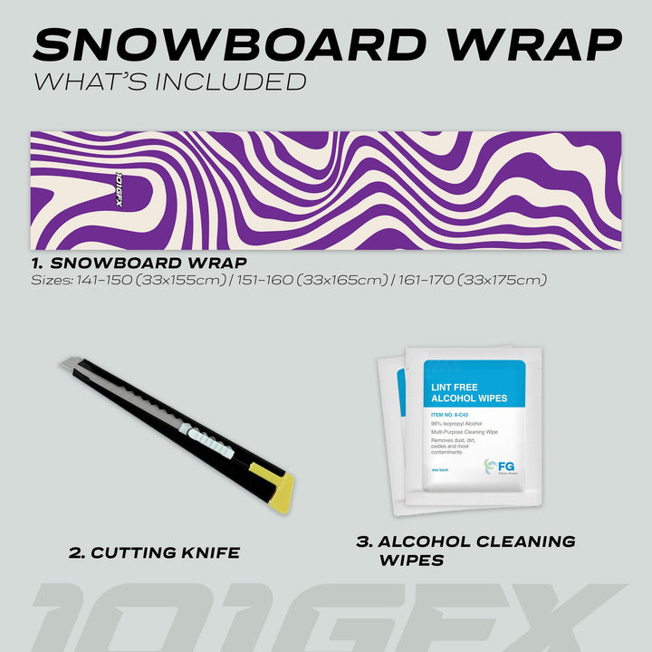 Snowboard Wrap WAVY WHITE PURPLE kit includes vinyl wrap, retractable cutting knife, and alcohol wipes for easy application and protection, enhancing snowboard style and durability.