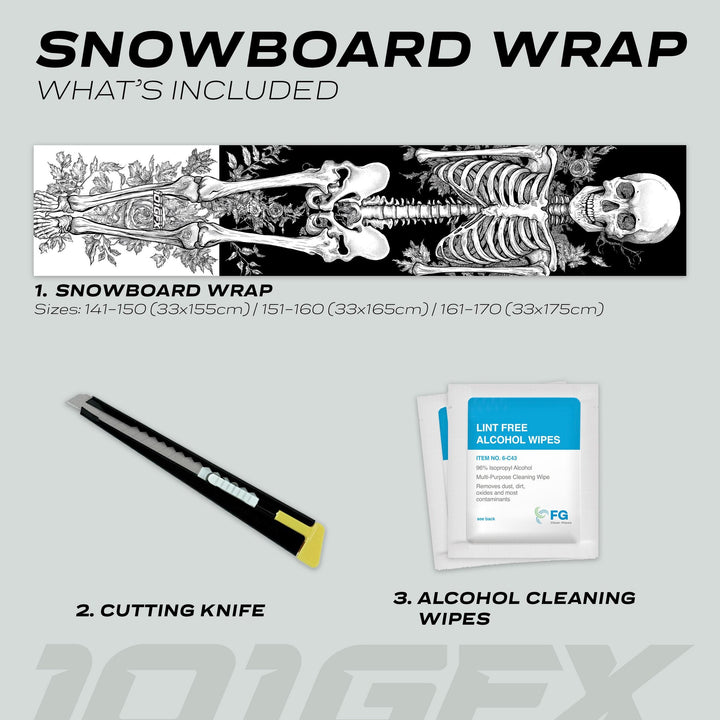 Snowboard Wrap RIDER FOREVER WHITE: includes adhesive skeleton design wrap, cutting knife, and alcohol wipes for easy application and protection against board damage.