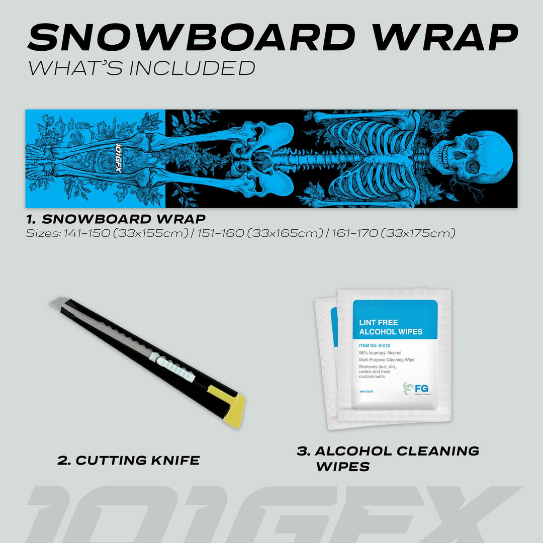 Snowboard Wrap RIDER FOREVER CYAN kit includes a blue skeleton vinyl decal, utility knife, and cleaning wipes for easy application on various board sizes.