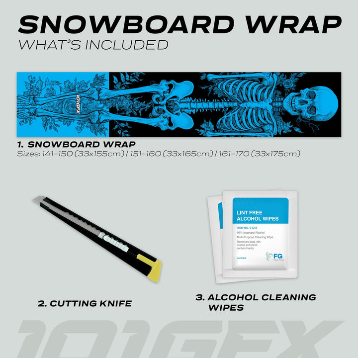 Snowboard Wrap RIDER FOREVER CYAN kit includes a blue skeleton vinyl decal, utility knife, and cleaning wipes for easy application on various board sizes.