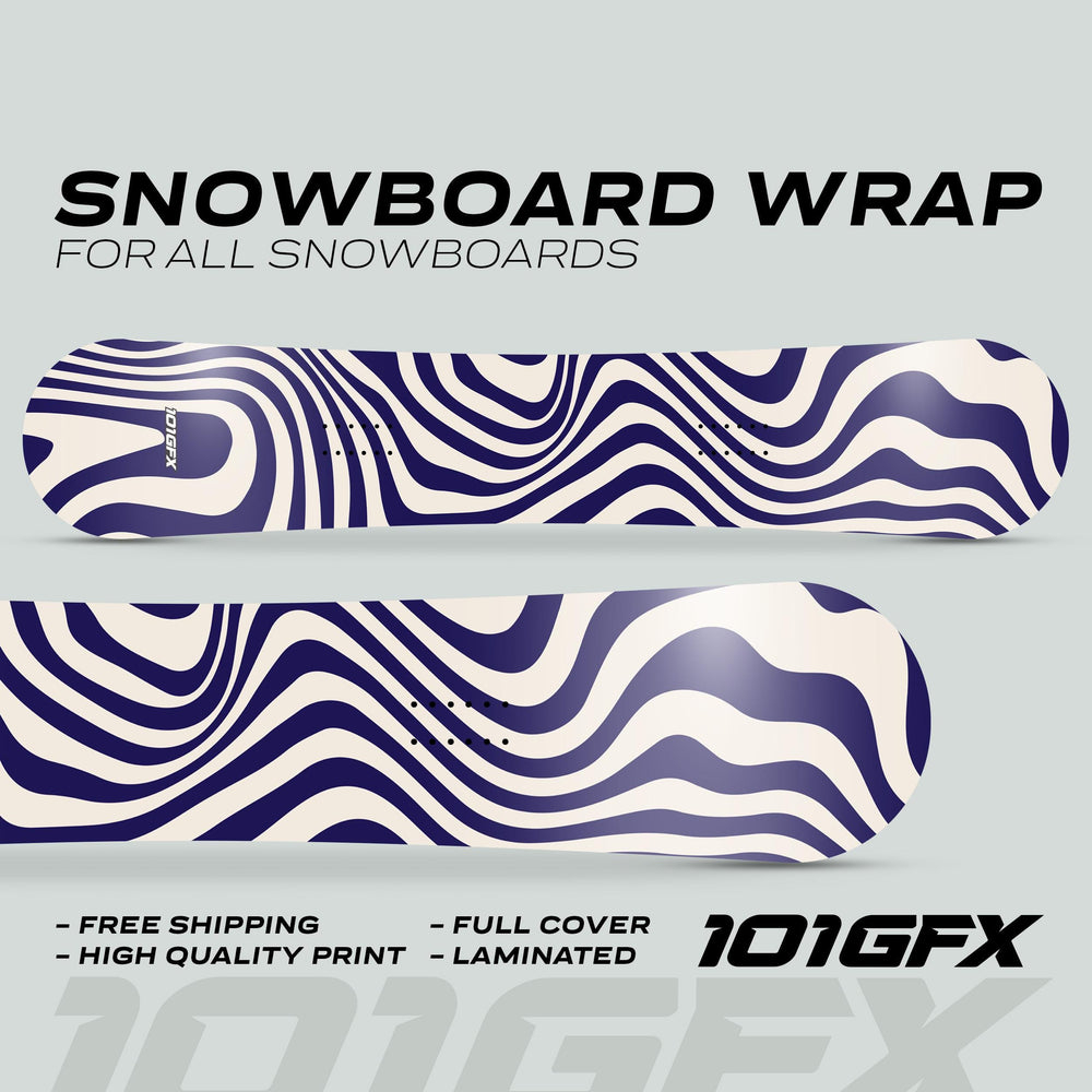 Two snowboards with WAVY WHITE NAVY wraps, showcasing an abstract wavy stripe design, highlighting free shipping and durability by 101GFX.
