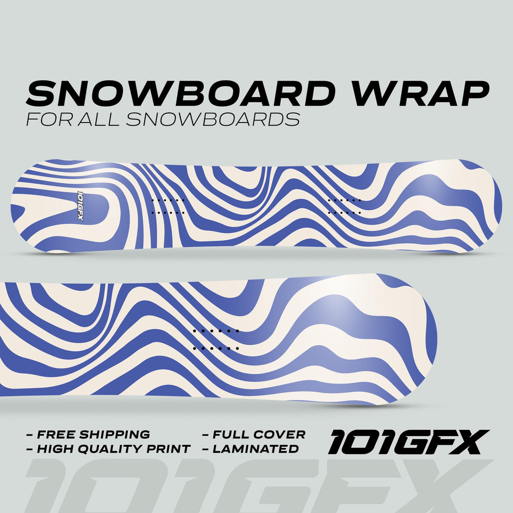 Snowboard Wrap WAVY WHITE BLUE, featuring abstract wavy stripes, displayed with selling points like free shipping and high-quality print, showcasing its full coverage and laminated finish.