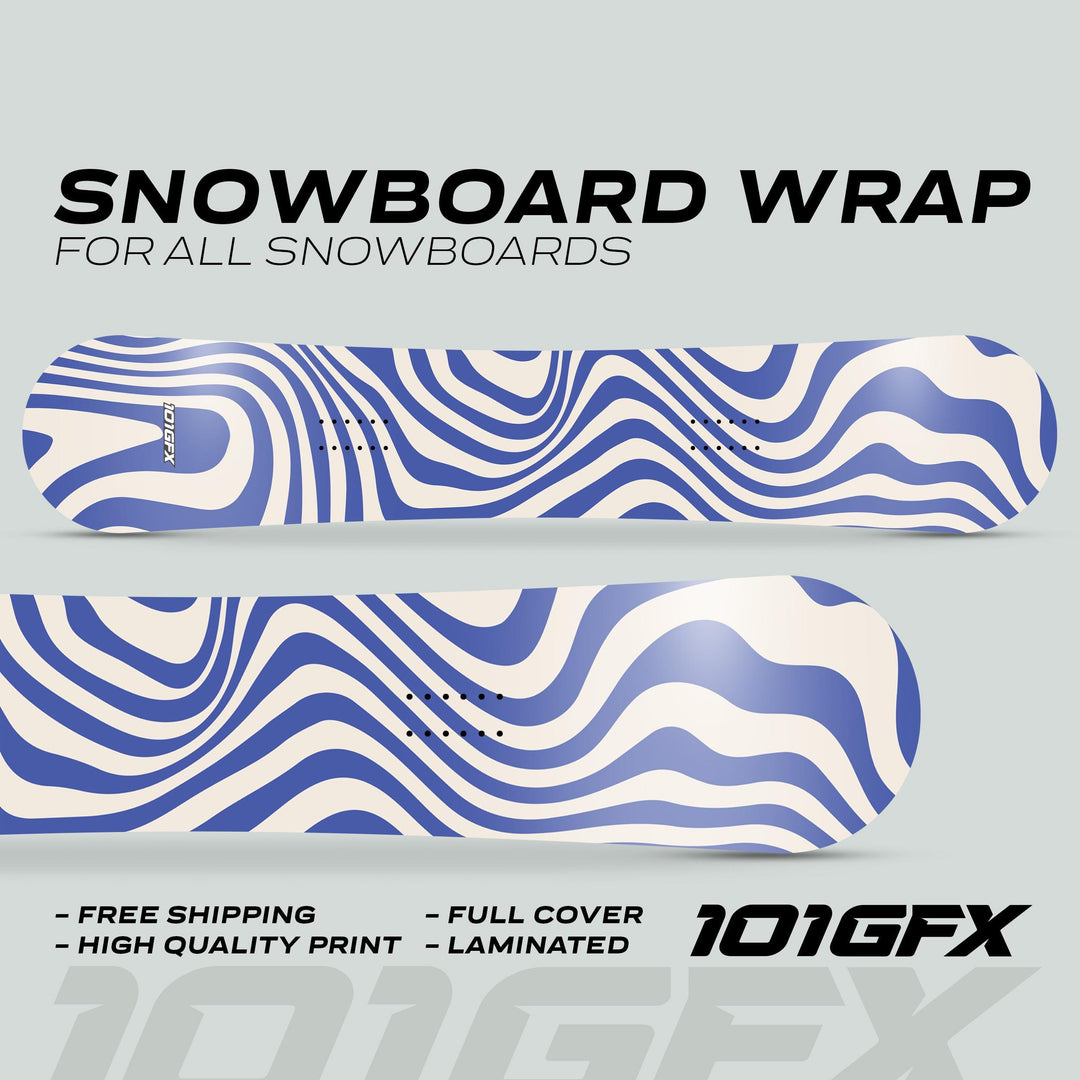 Snowboard Wrap WAVY WHITE BLUE, featuring abstract wavy stripes, displayed with selling points like free shipping and high-quality print, showcasing its full coverage and laminated finish.
