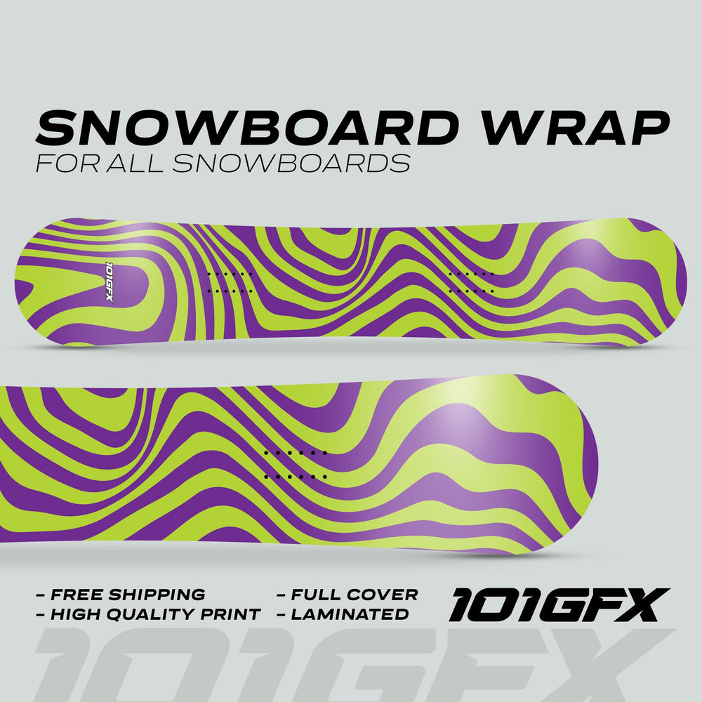 Snowboard Wrap WAVY GREEN PURPLE decals feature a wavy pattern, offering full coverage, high-quality print, and easy application for snowboard customization and protection.